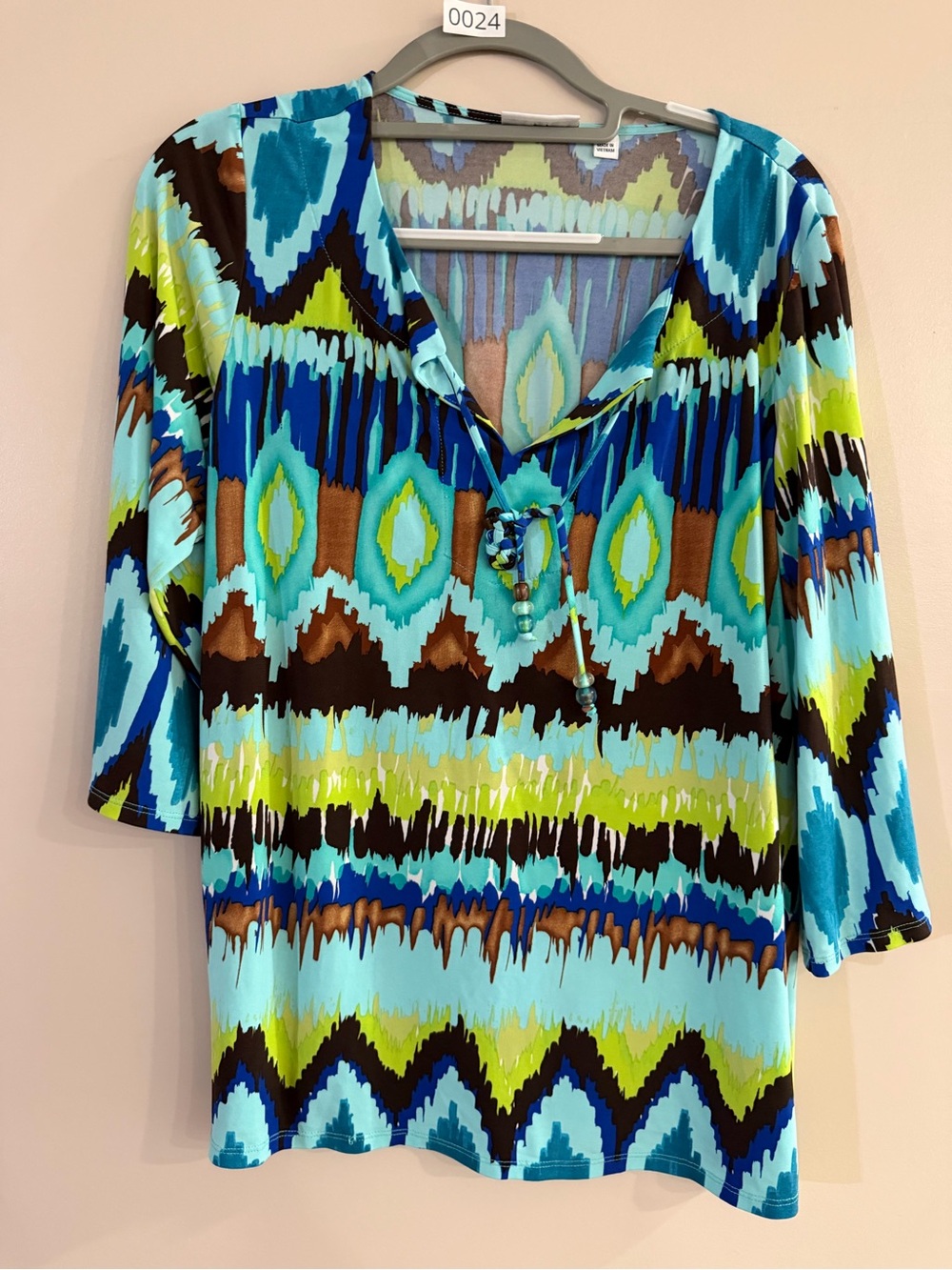 Susan Graver Blue Multi V-Neck Tie-Front Tunic